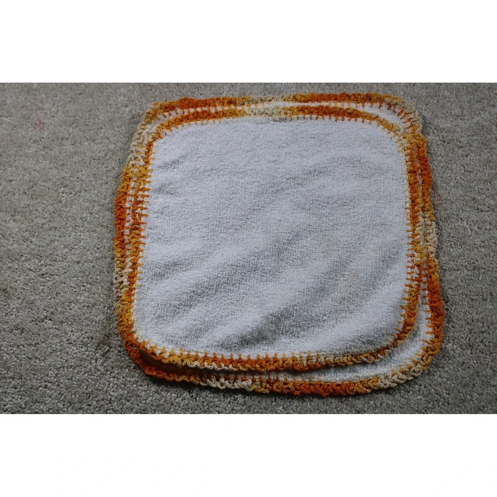 Vintage Handmade Crochet Edge‎ Washcloths Set of 2 Floral 12in Bathroom Towels